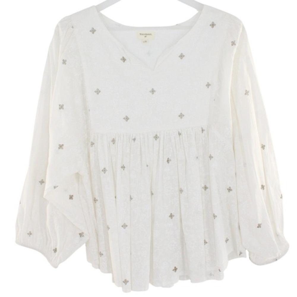 Unbranded White Floral Damask Embroidered Gold Starburst Blouse Size L White